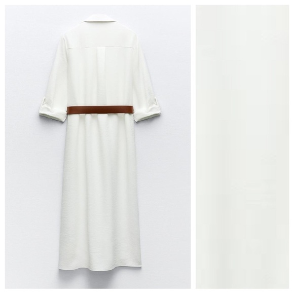 NWT. Zara Oyster-White Midi Dress with Belt. Size L. - Picture 5 of 11